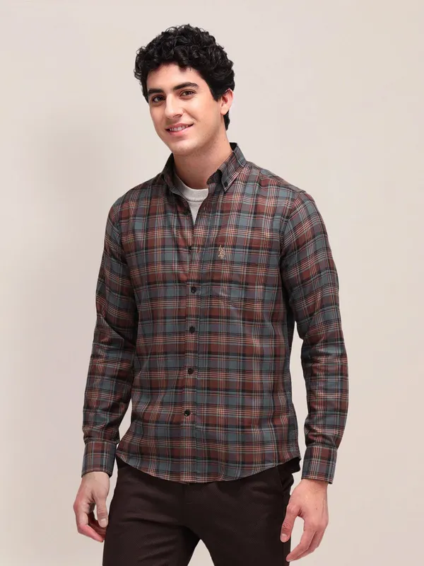 US POLO brown and grey checkered casual shirt