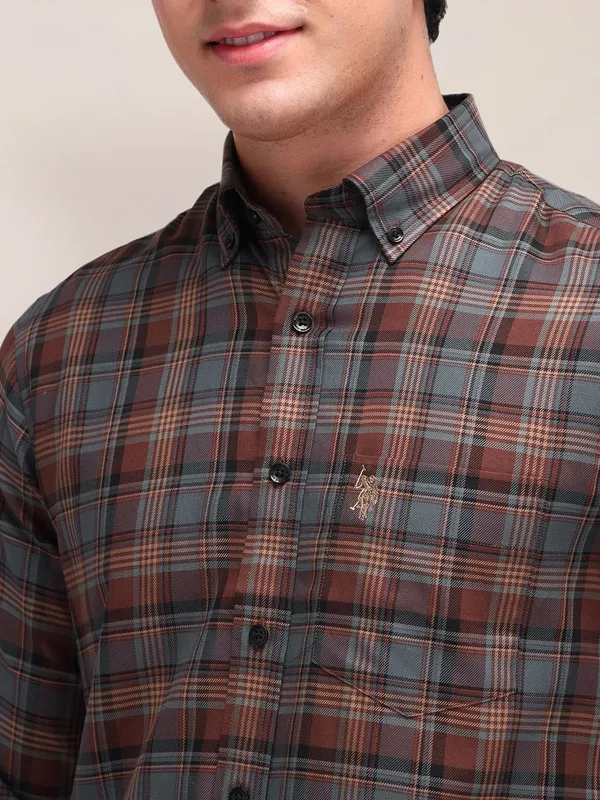 US POLO brown and grey checkered casual shirt
