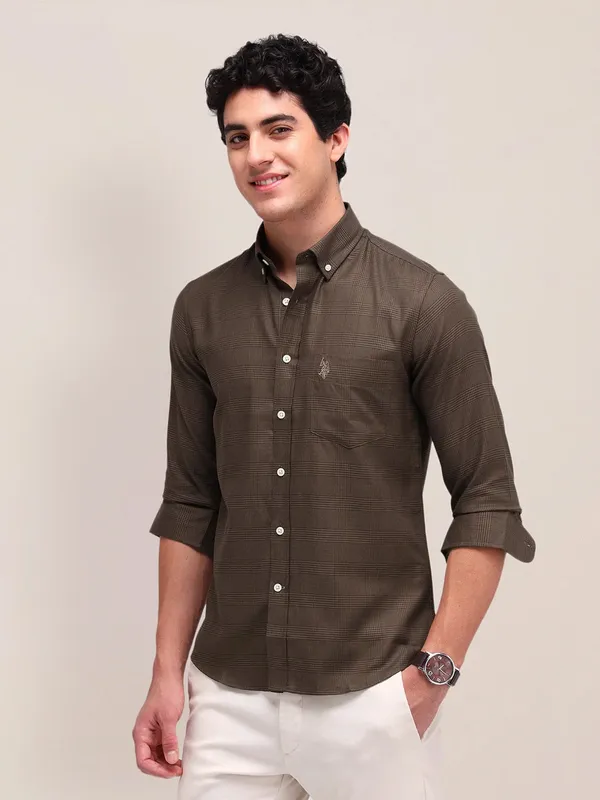 US POLO brown checkered casual cotton shirt