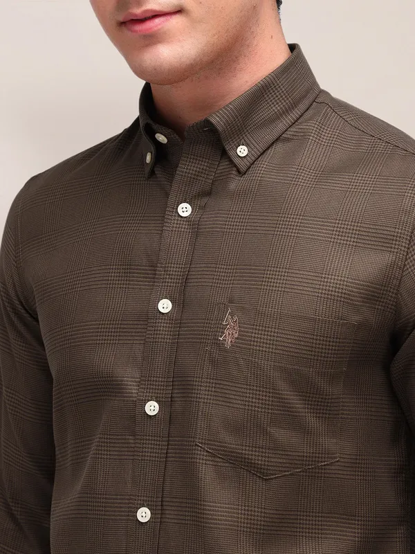 US POLO brown checkered casual cotton shirt