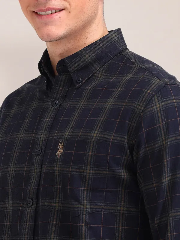 US POLO cotton navy checked slim fit shirt for men