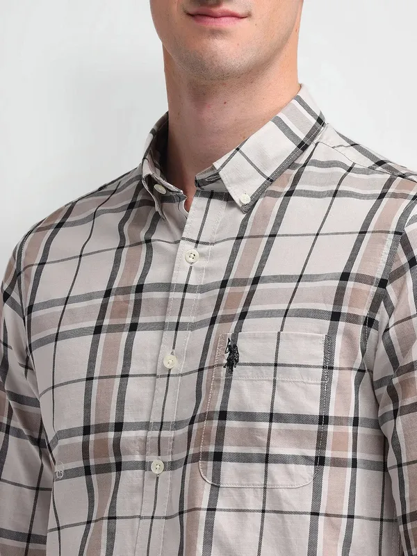 US POLO cream checkered slim fit casual shirt
