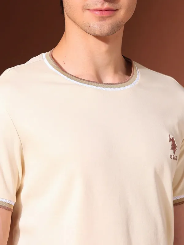 US POLO cream plain round neck t-shirt