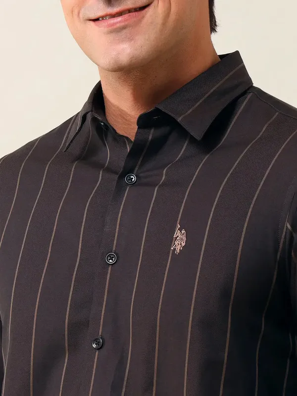 US POLO dark brown striped casual wear mens shirt