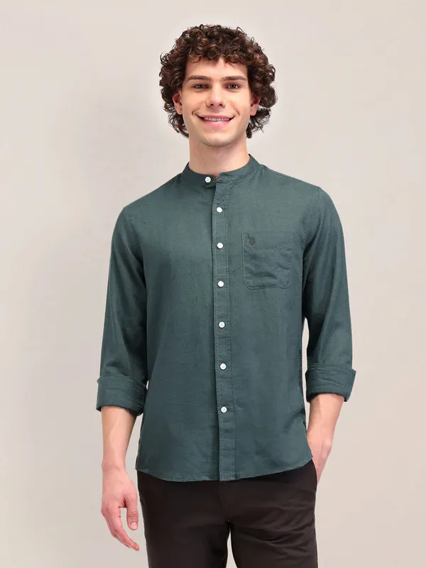 US POLO forest green linen slim fit shirt