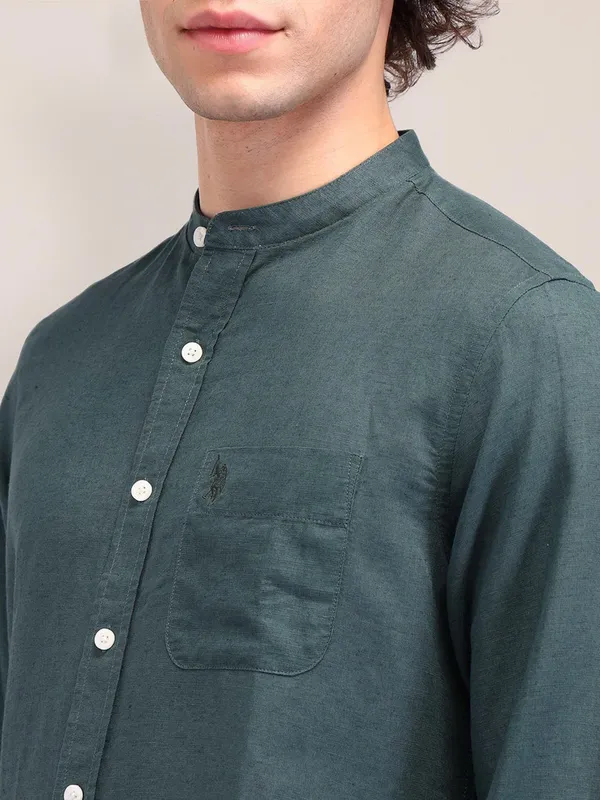 US POLO forest green linen slim fit shirt