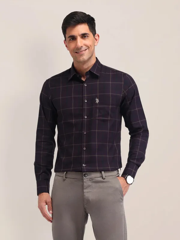US POLO men cotton checked shirt in dark purple