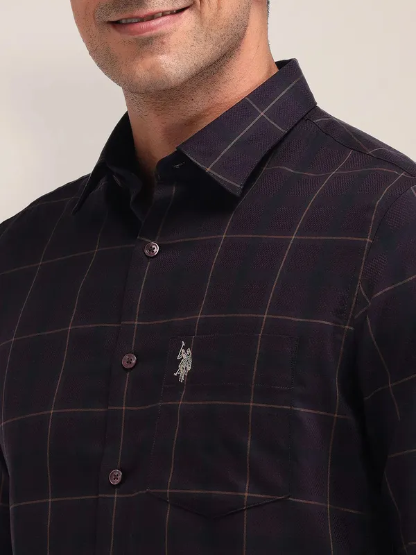 US POLO men cotton checked shirt in dark purple