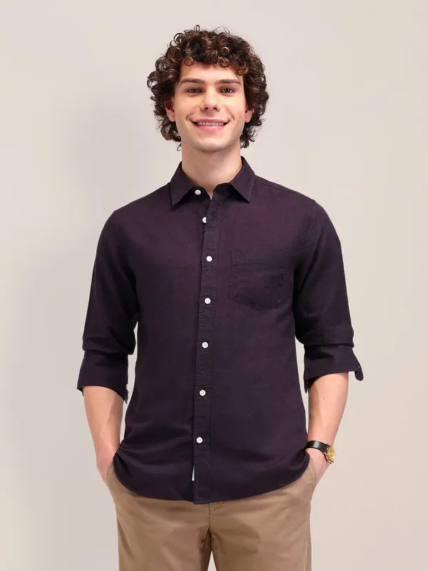 US POLO plain dark purple cotton shirt for men