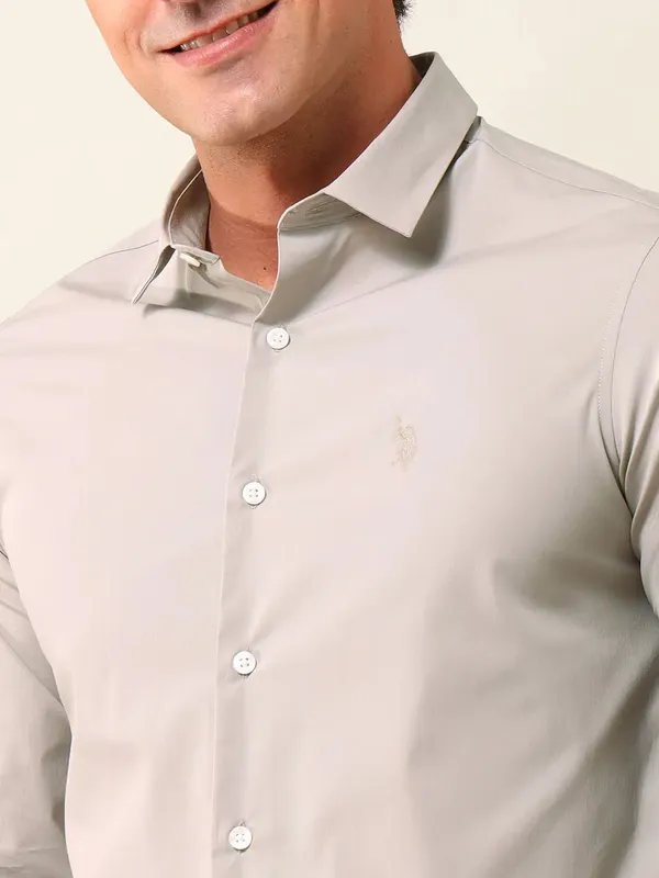 US POLO plain light beige slim fit mens casual shirt