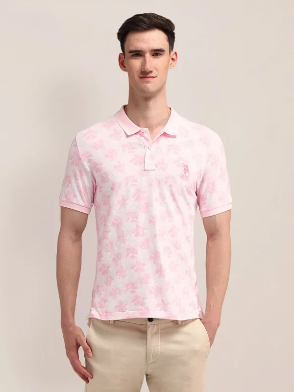 US POLO printed cotton light pink slim fit men t-shirt