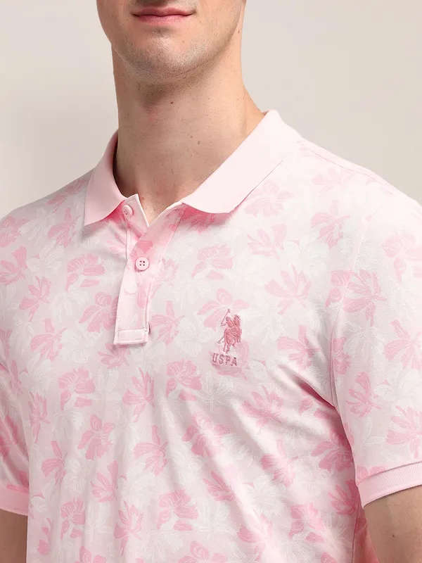 US POLO printed cotton light pink slim fit men t-shirt