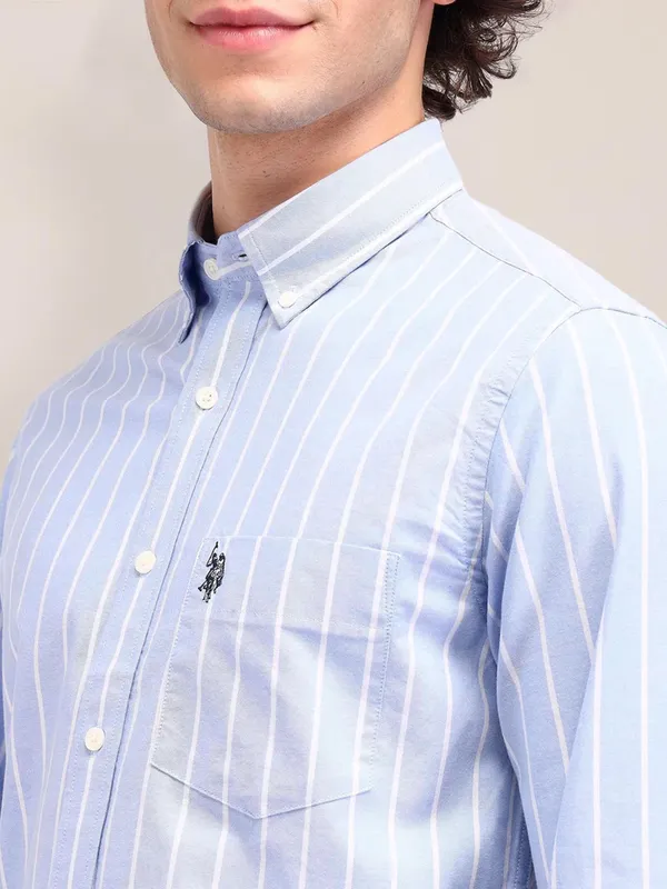 US POLO sky blue striped cotton slim fit shirt