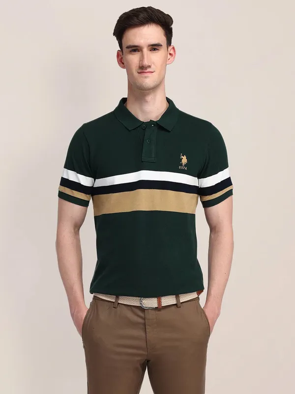 US POLO slim fit stripe green cotton t-shirt for men