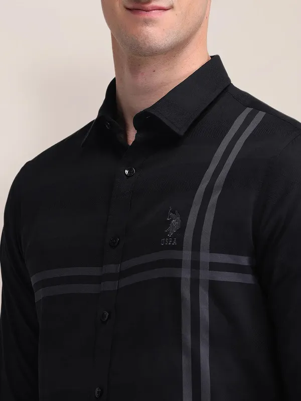 US POLO solid black slim fit cotton shirt