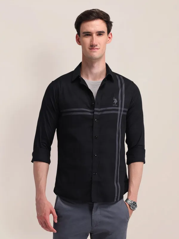 US POLO solid black slim fit cotton shirt