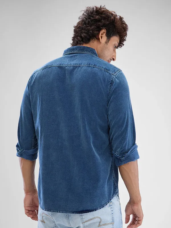 SPYKAR solid blue pure denim shirt