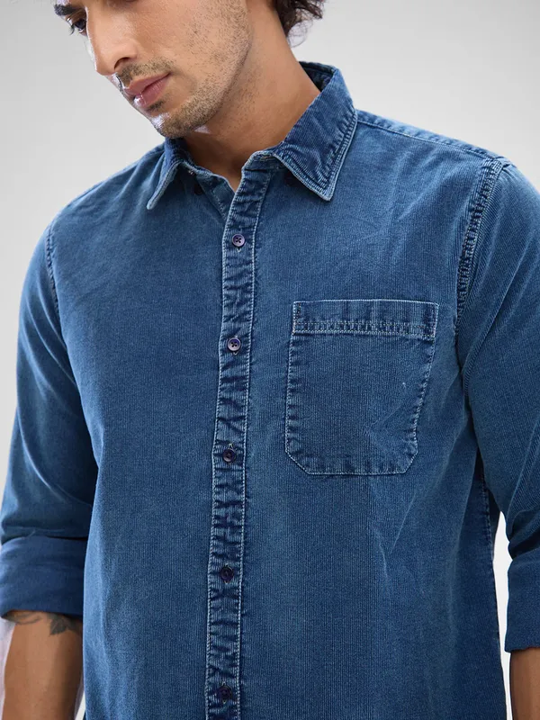 SPYKAR solid blue pure denim shirt