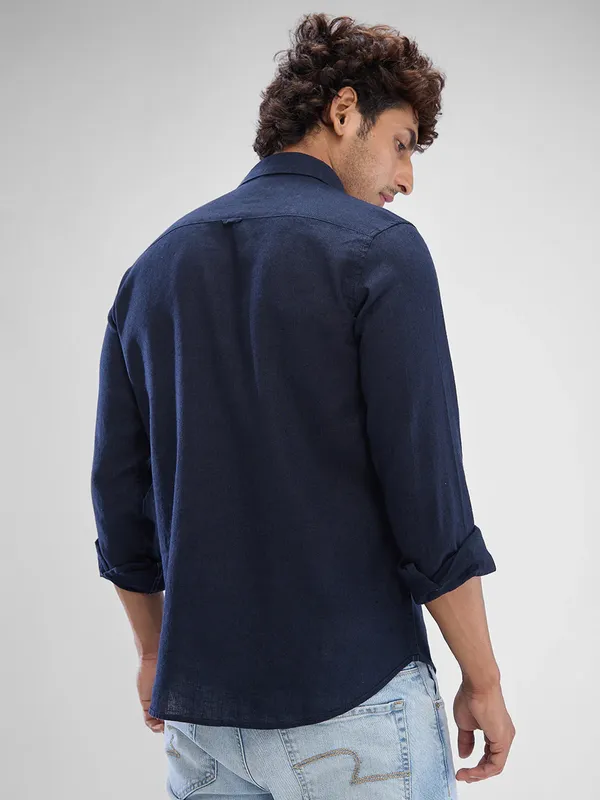 SPYKAR solid deep blue linen casual shirt