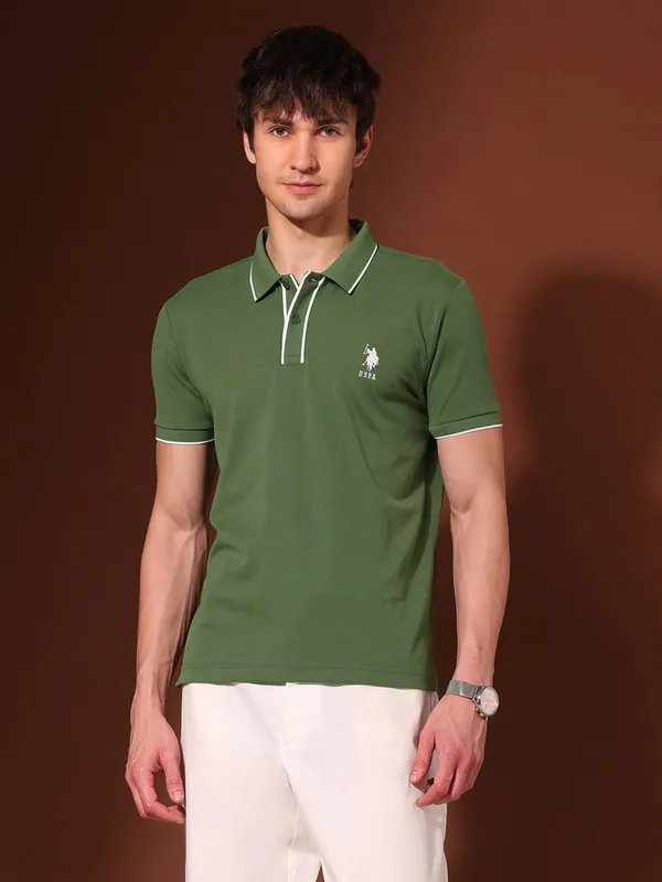 US POLO solid green cotton slim fit polo t-shirt