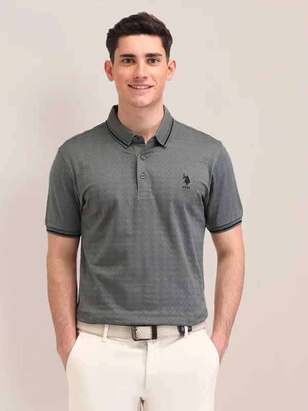 US POLO textured cotton grey slim fit men t-shirt
