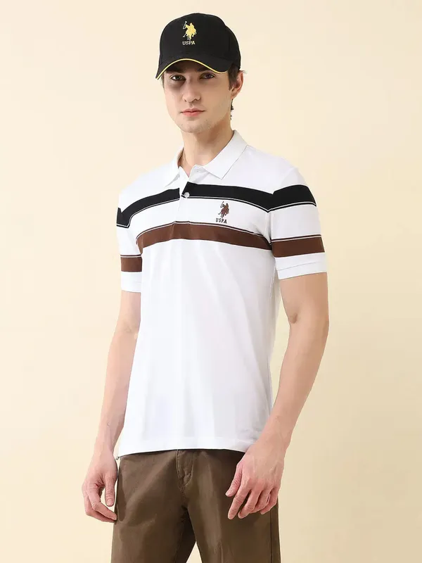 US POLO white striped slim fit mens polo t-shirt