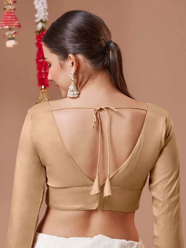 V neck beige silk readymade blouse