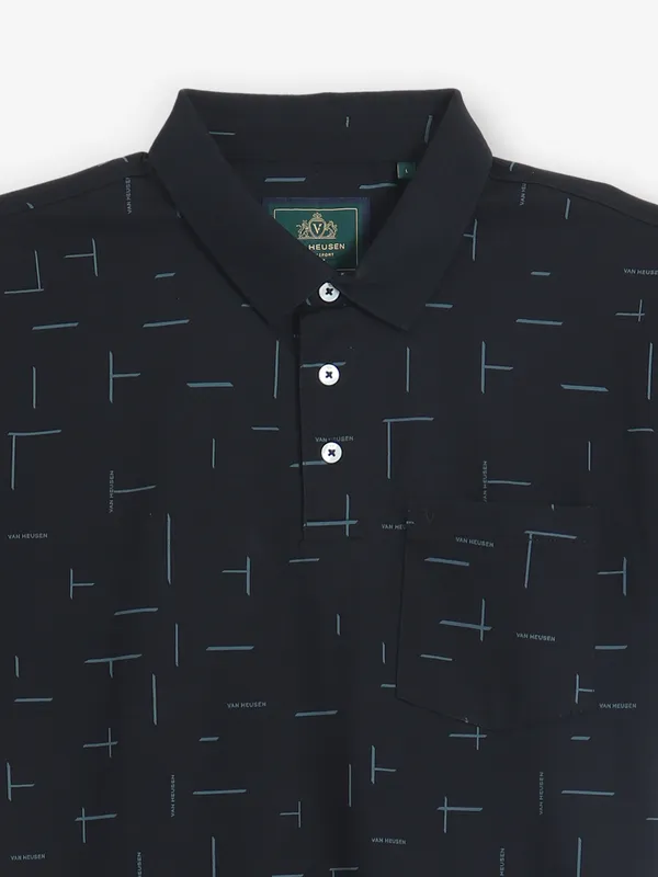 VAN HEUSEN black printed cotton polo t-shirt