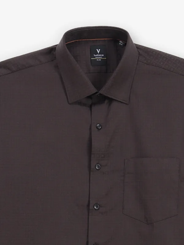 VAN HEUSEN dark brown casual slim fit textured shirt for men