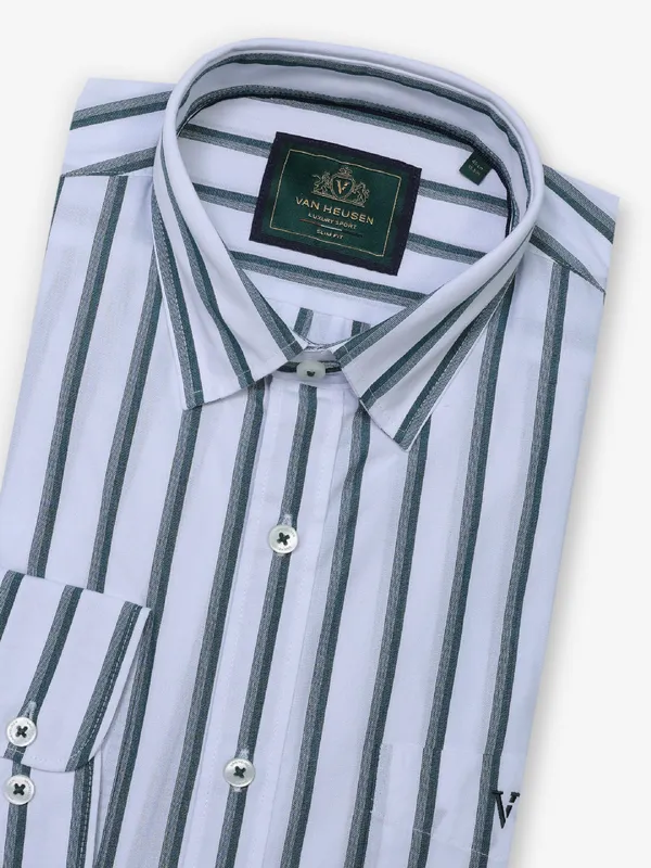 VAN HUESEN cool stripe forest green and white cotton formal shirt