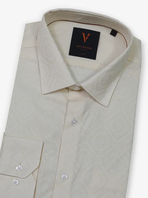 VAN HUESEN cream printed cotton formal wear shirt