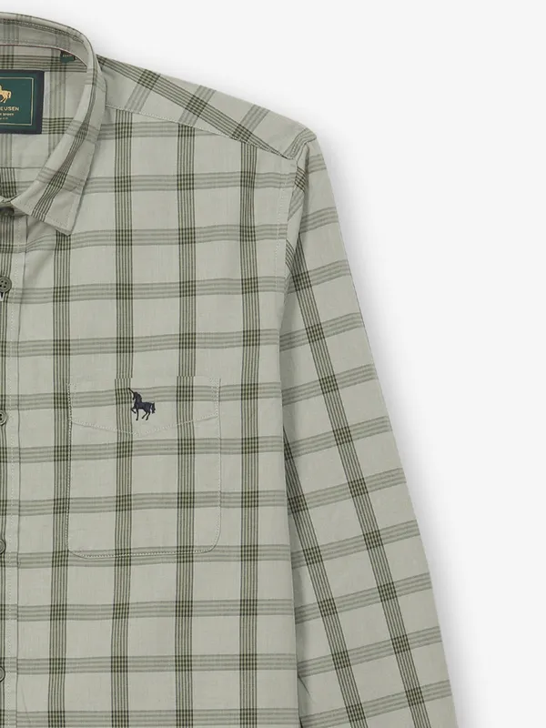 VAN HUESEN olive checks cotton casual shirt for men
