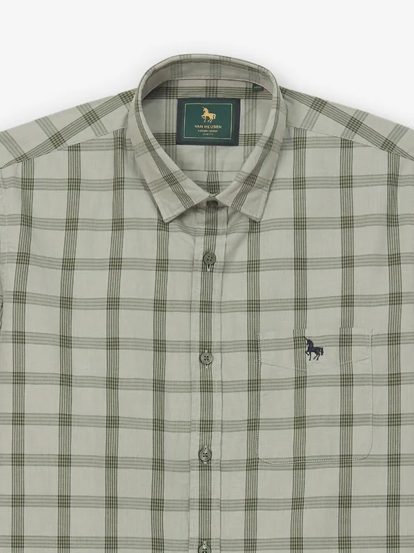VAN HUESEN olive checks cotton casual shirt for men