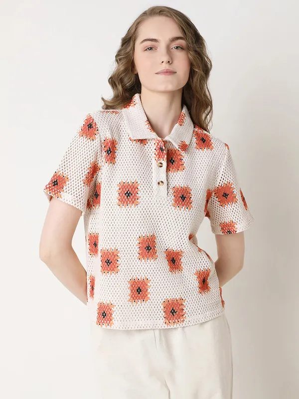 VERO MODA cream cotton printed polo t-shirt