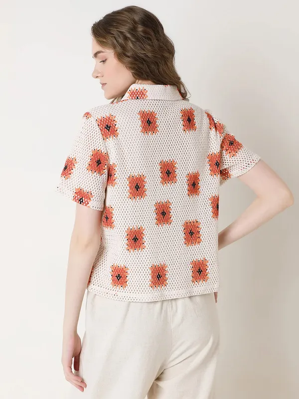 VERO MODA cream cotton printed polo t-shirt