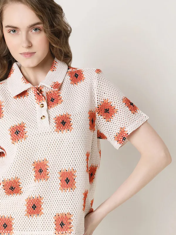 VERO MODA cream cotton printed polo t-shirt