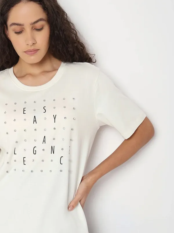 VERO MODA off-white cotton printed t-shirt