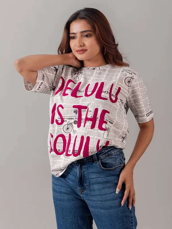 VERO MODA off white printed cotton silk t-shirt