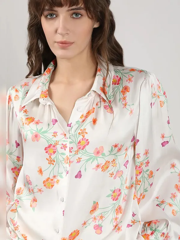 VERO MODA printed white satin silk shirt