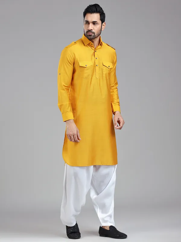 Vibrant energetic mustard yellow mens pathani kurta suit
