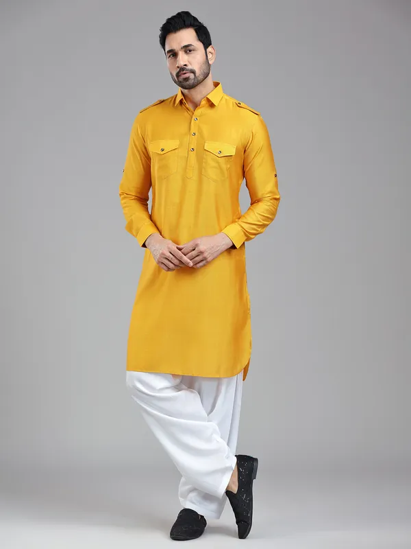 Vibrant energetic mustard yellow mens pathani kurta suit