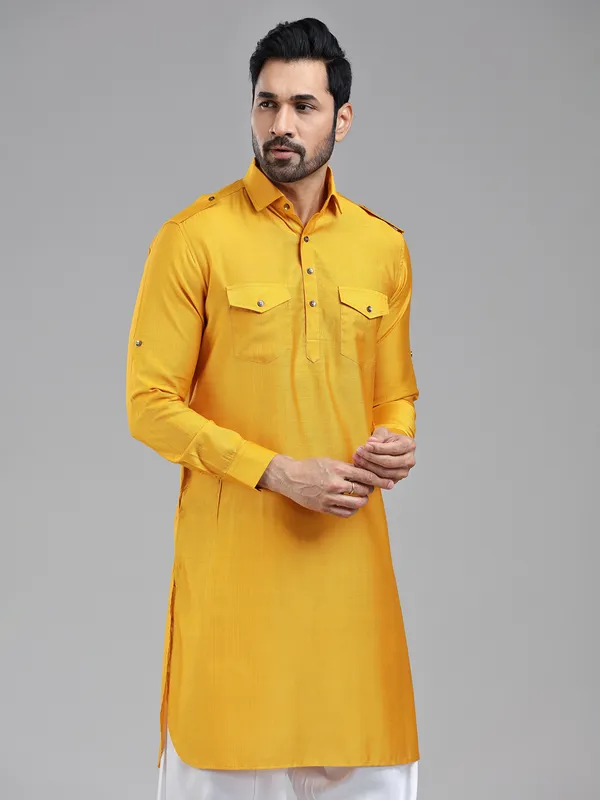 Vibrant energetic mustard yellow mens pathani kurta suit