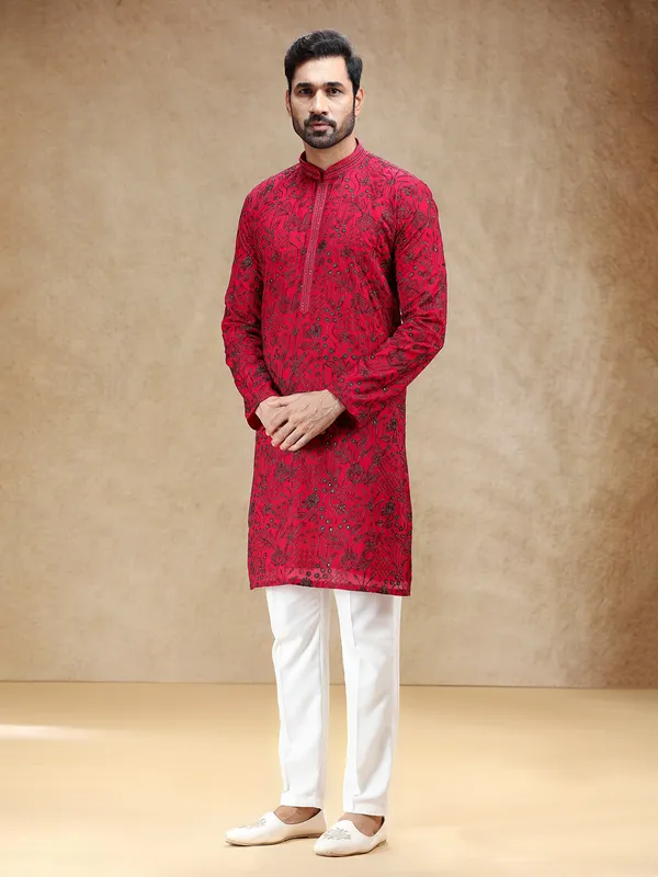 Vibrant hot pink georgette men kurta pajama