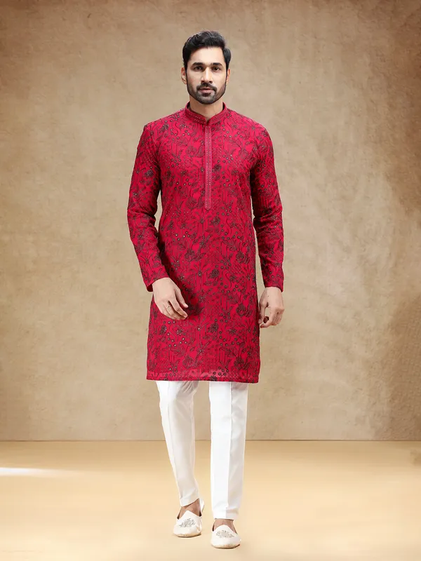 Vibrant hot pink georgette men kurta pajama
