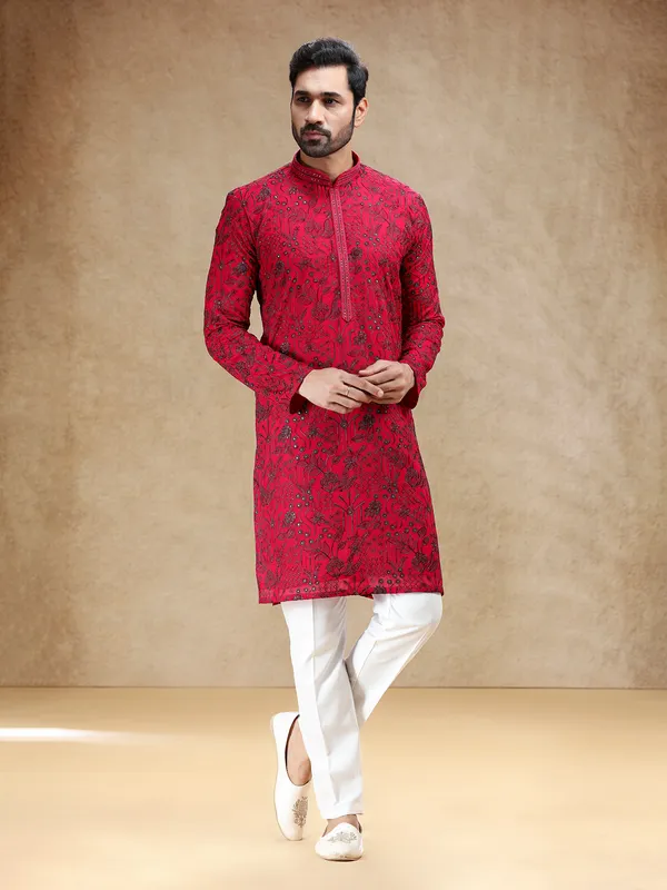Vibrant hot pink georgette men kurta pajama