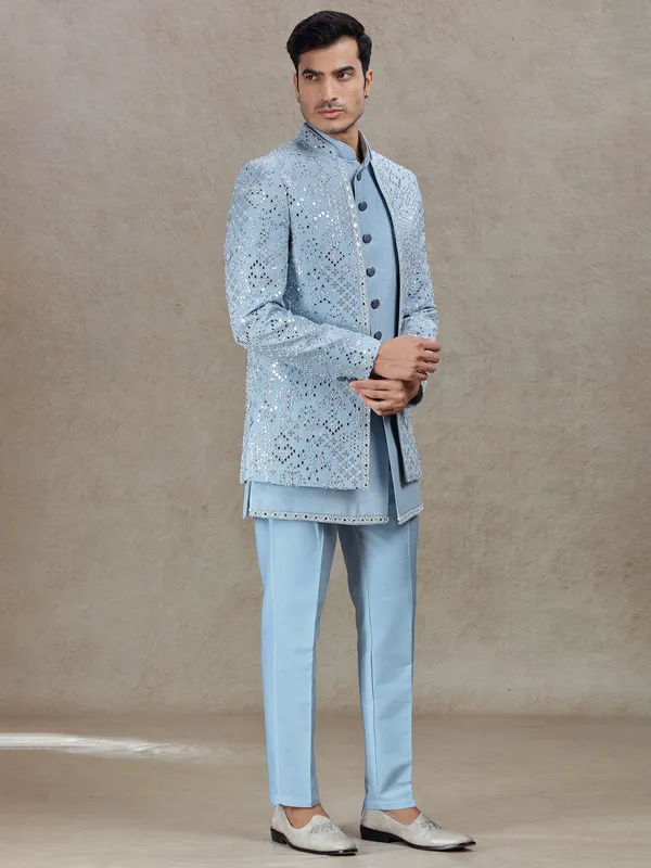 Vibrant light blue indo western for wedding and reception