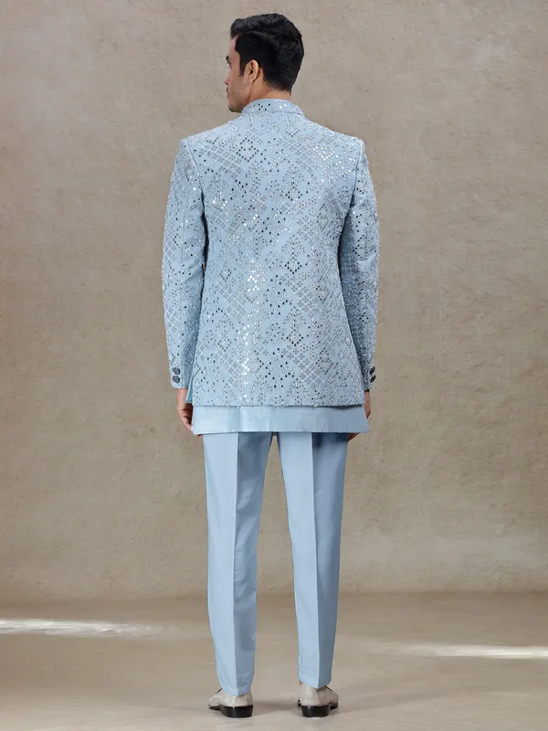 Vibrant light blue indo western for wedding and reception