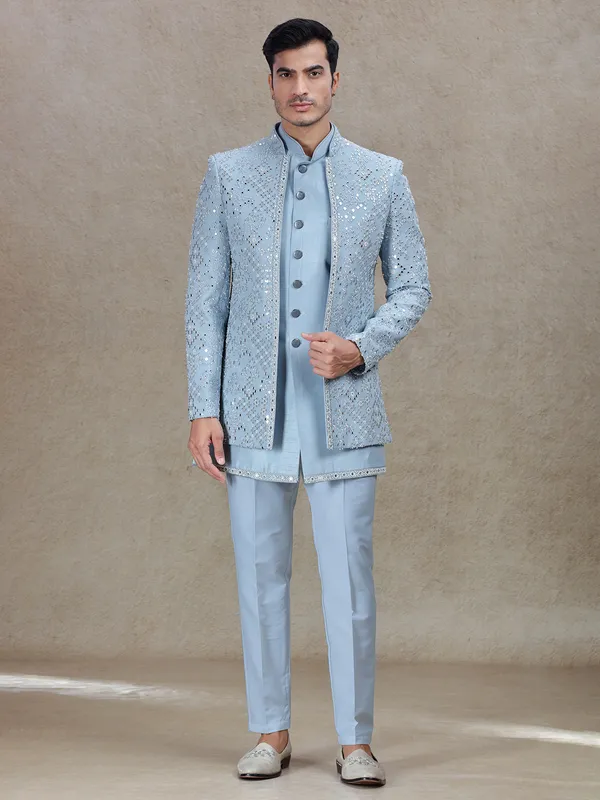 Vibrant light blue indo western for wedding and reception