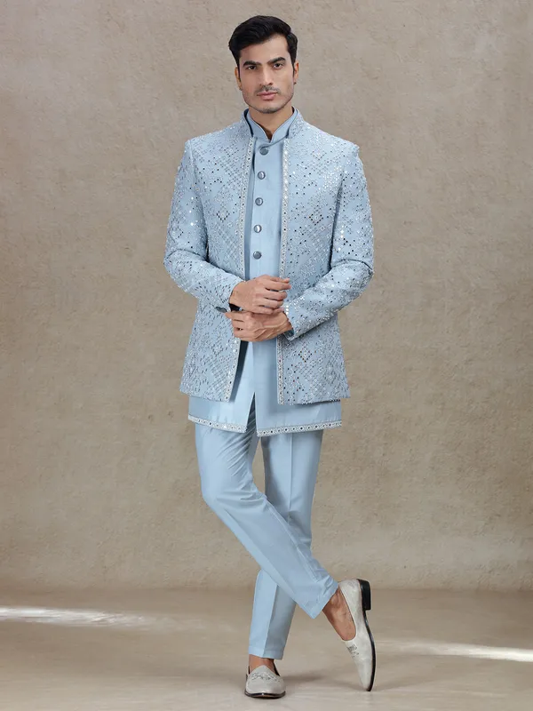 Vibrant light blue indo western for wedding and reception