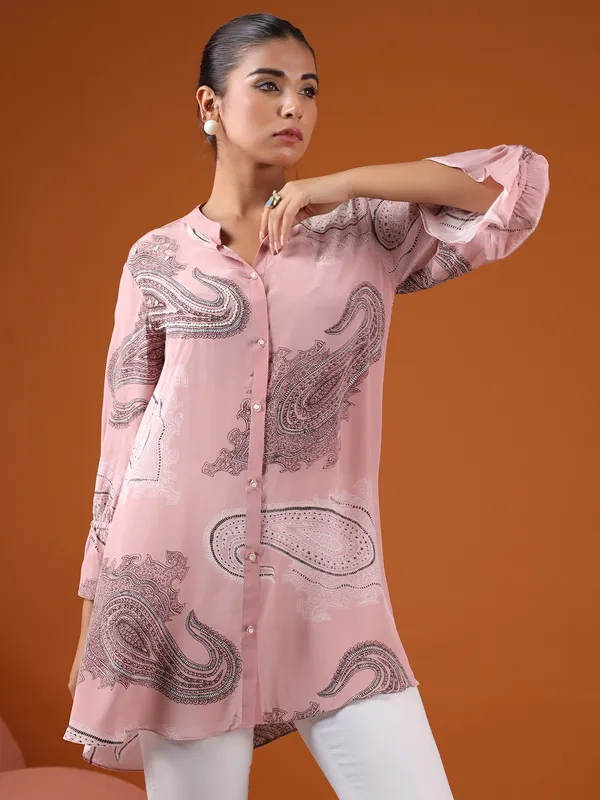 Vibrant light pink silk printed top
